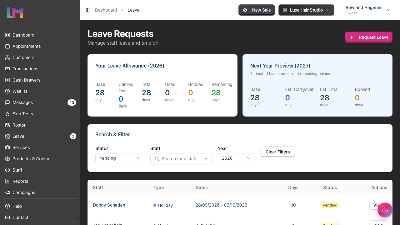 The Leave Requests list filtered to show only pending requests