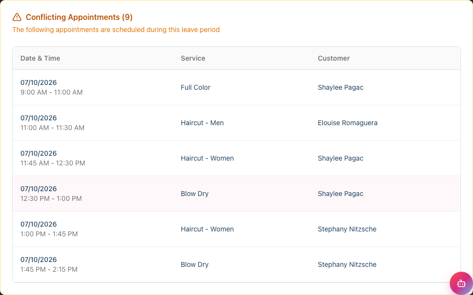 The Conflicting Appointments card listing the bookings scheduled during the requested leave period