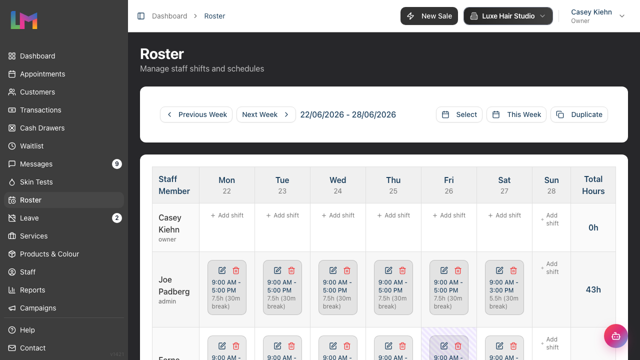 The weekly roster grid with staff listed down the left and a column for each day