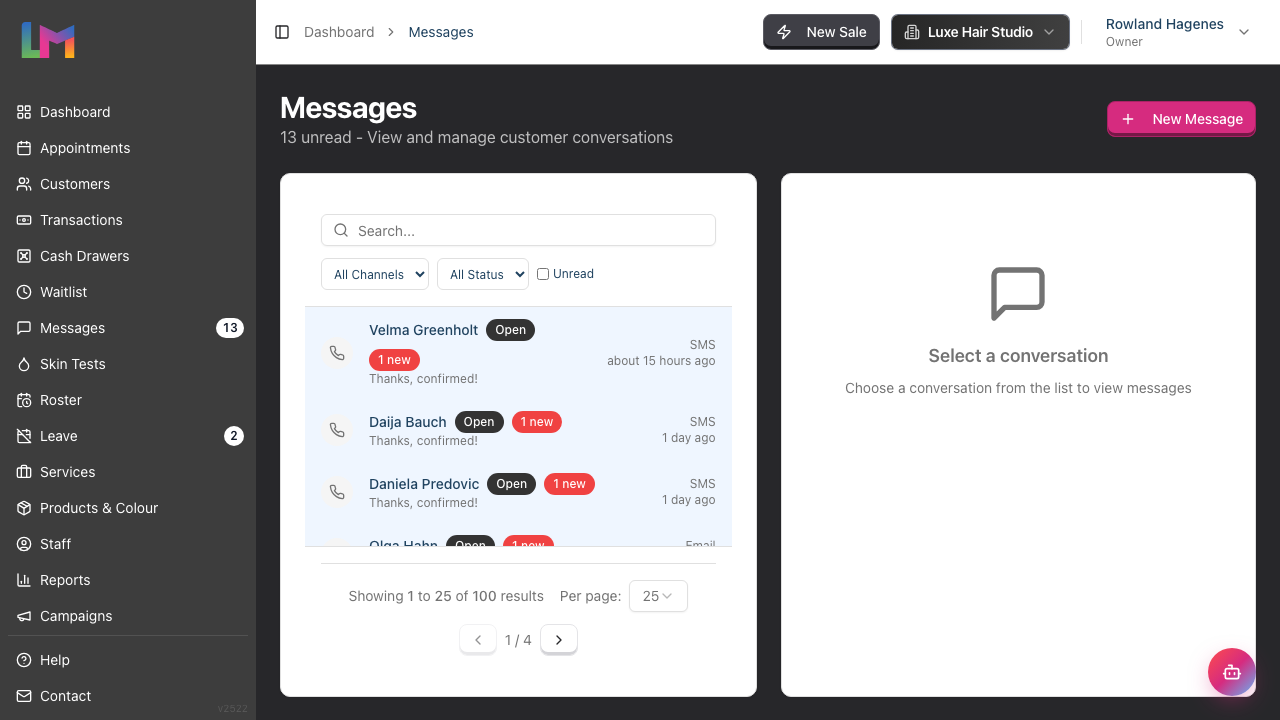 The Messages inbox with the conversation list and the channel and status filters