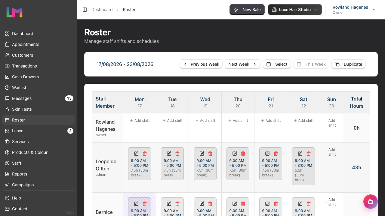 The weekly roster grid with staff listed down the left and a column for each day