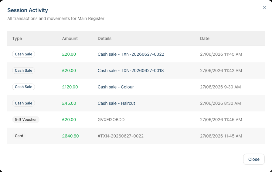 The Session Activity dialog listing the day's transactions and cash movements