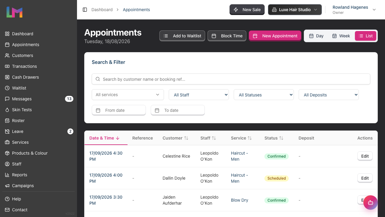 The Appointments list view with its date, staff, status and deposit filters above a table showing the Status column