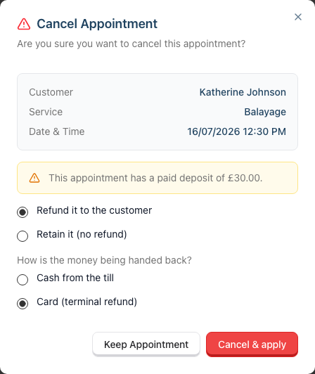 The Cancel Appointment dialog showing the paid deposit warning, the Refund or Retain choice, and the cash or card question