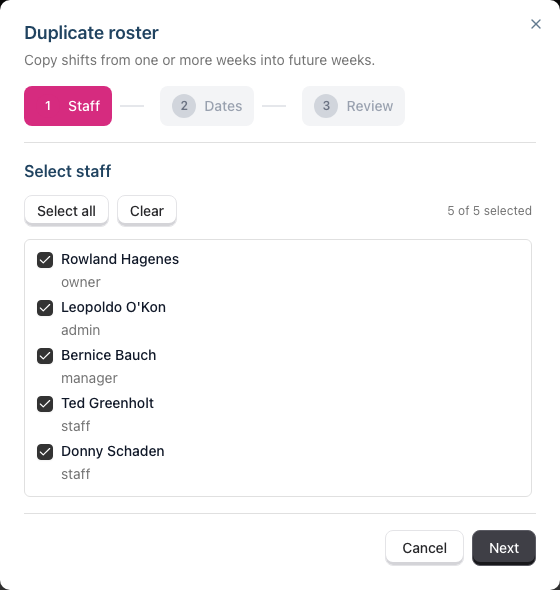 Step 1 of the Duplicate roster wizard, showing the Staff / Dates / Review step bar and the staff selection list with its Select all and Clear buttons