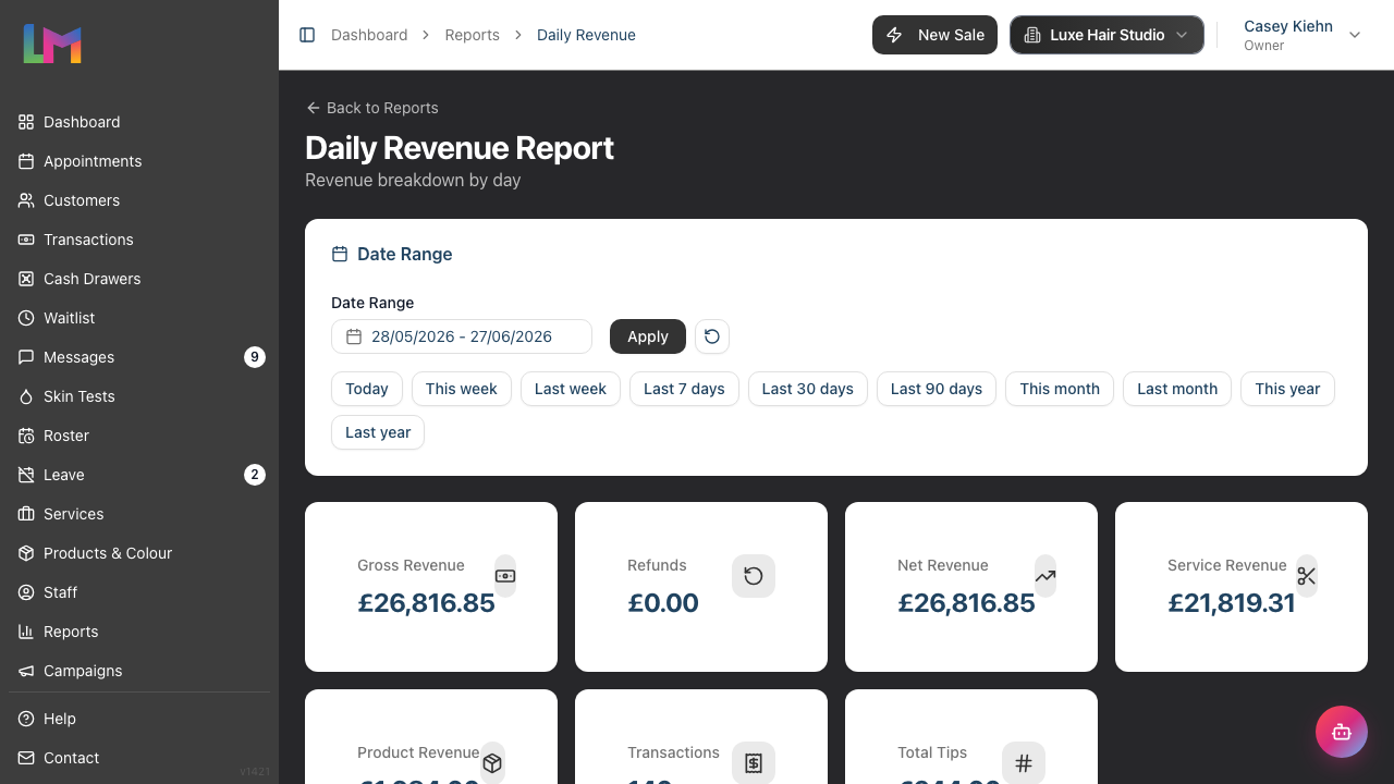 The Daily Revenue Report showing the date range filter and the revenue summary cards