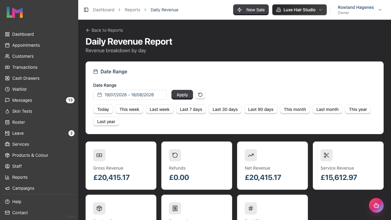 The Daily Revenue Report showing the date range filter and the revenue summary cards