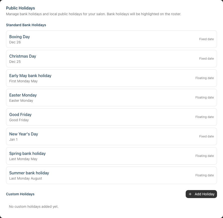 The Public Holidays settings showing the standard bank holidays and the Custom Holidays section