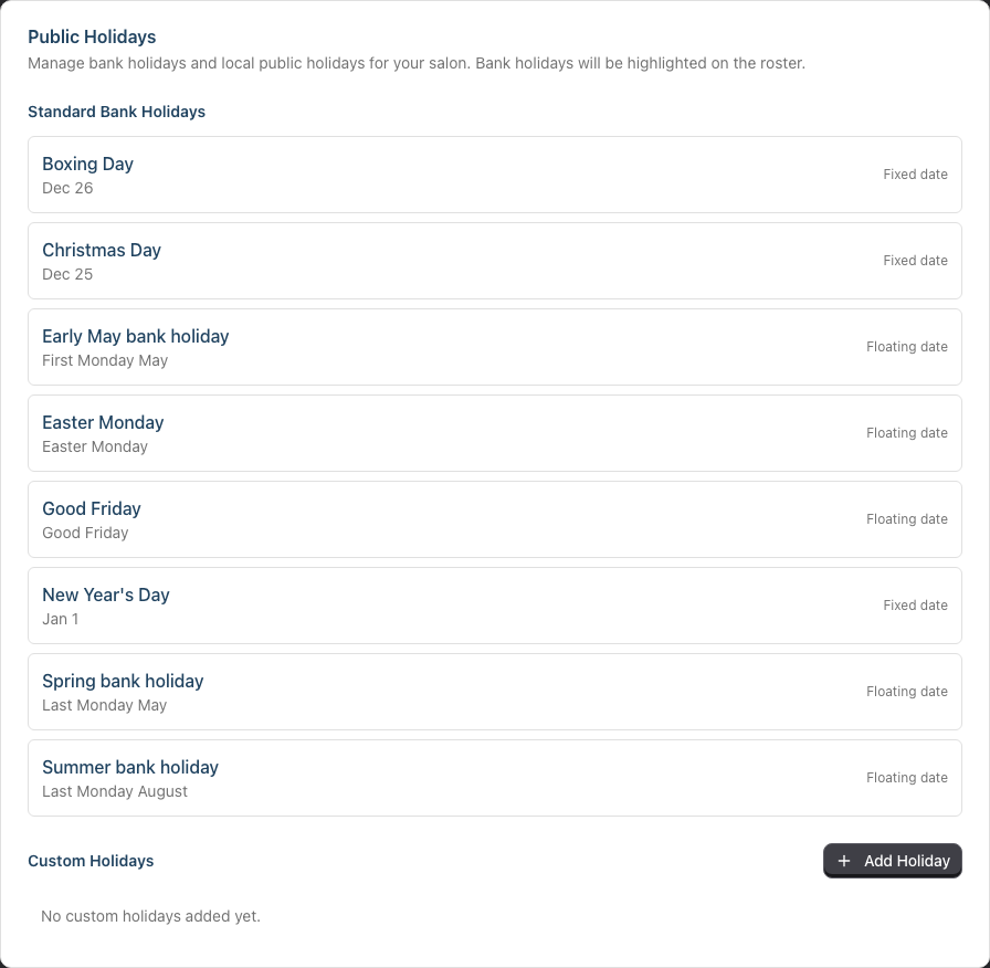 The Public Holidays settings showing the standard bank holidays and the Custom Holidays section