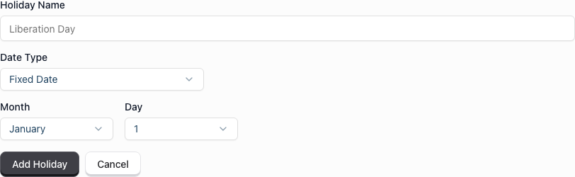 The Add Holiday form with the Holiday Name field and the Fixed Date / Floating Date type options
