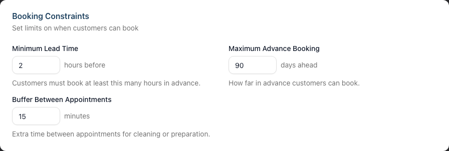 The Booking Constraints settings with the Minimum Lead Time and Maximum Advance Booking fields