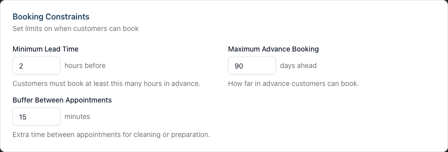 The Booking Constraints settings with the Minimum Lead Time, Maximum Advance Booking and Buffer Between Appointments fields