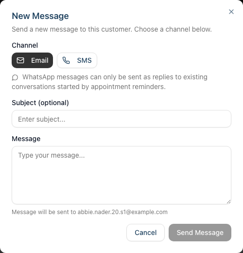 The New Message dialog with the customer selector and the Email / SMS channel options