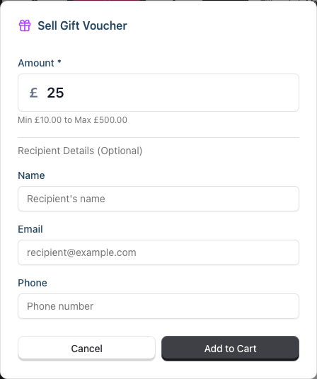 The Sell Gift Voucher dialog with the Amount field and the optional Recipient Details