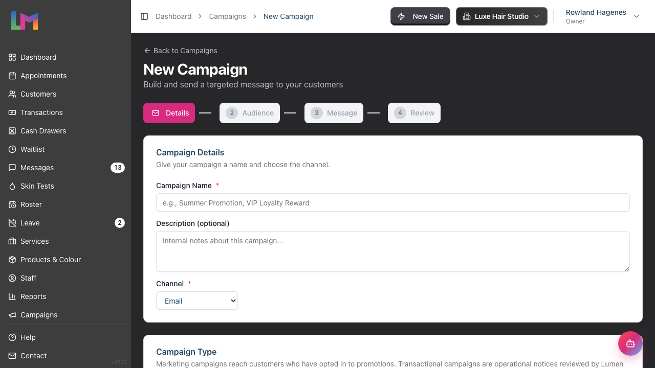 The New Campaign form with its four-step nav and the Campaign Details card