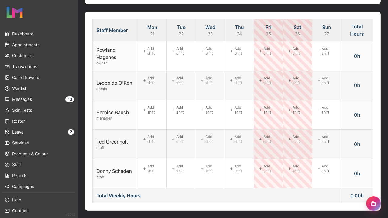 The Roster grid with a bank holiday week, showing the striped column on the holiday