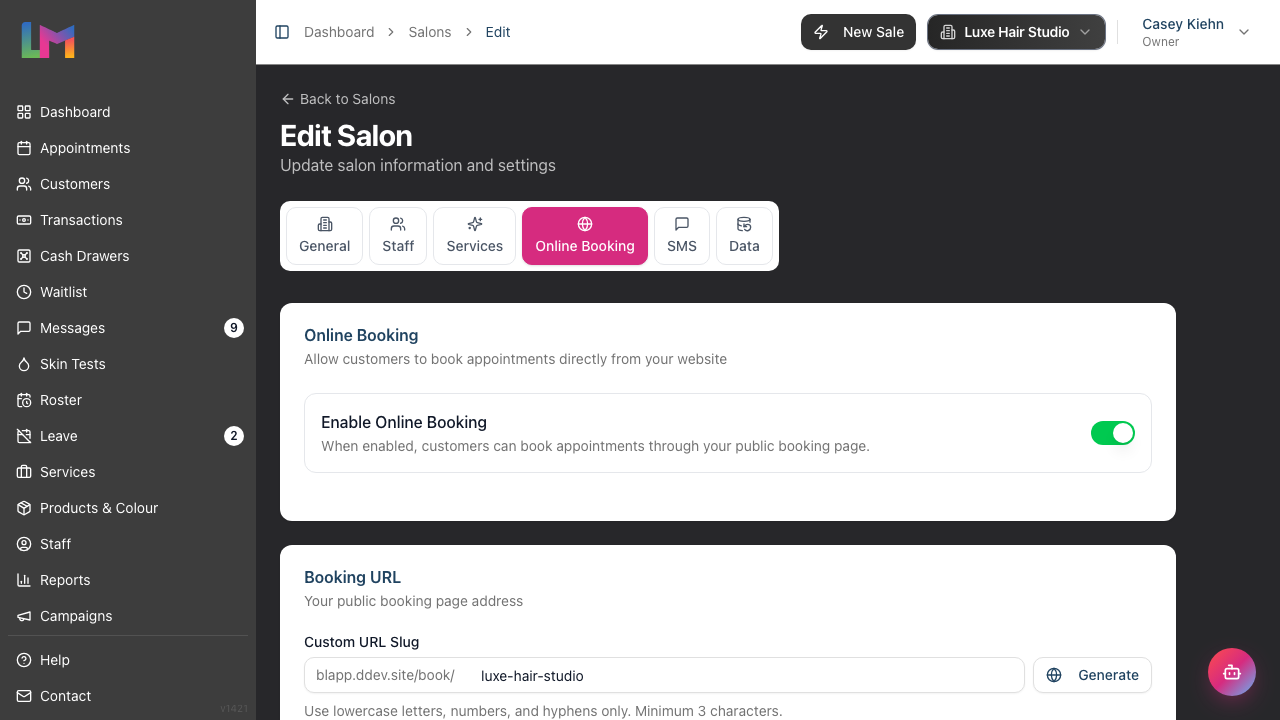 The Online Booking tab on the Edit Salon page, showing the tab bar and the start of the configuration panel