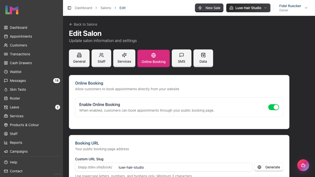 The Online Booking tab on the Edit Salon page, showing the tab bar and the start of the configuration panel