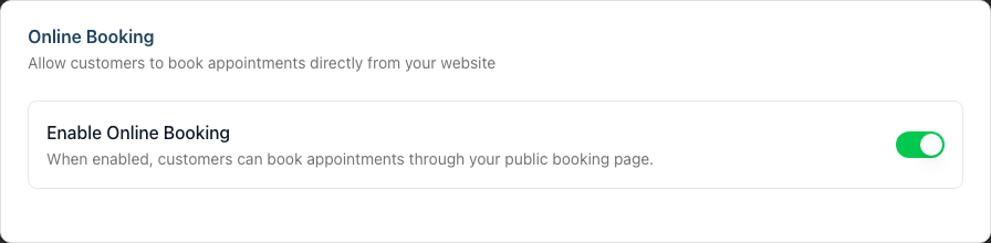 The Enable Online Booking card with its on/off switch