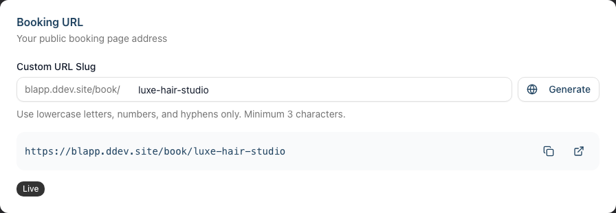 The Booking URL card showing the Custom URL Slug field, Generate button, full URL preview and the Live status badge