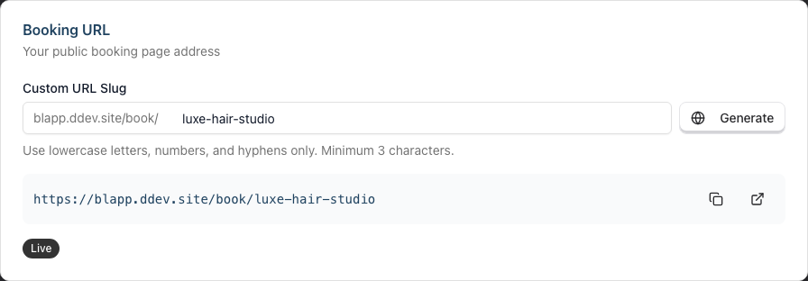 The Booking URL card showing the Custom URL Slug field, Generate button, full URL preview and the Live status badge