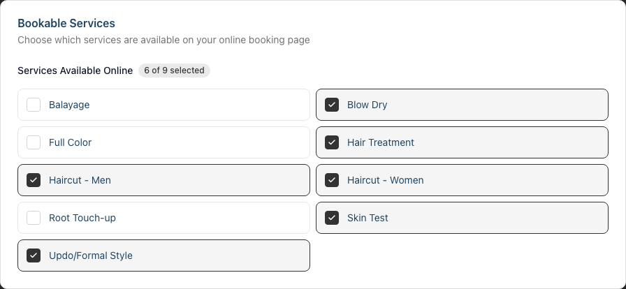 The Bookable Services card showing the service grid with checkboxes and a count of how many services are selected