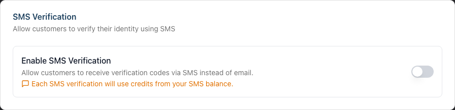 The SMS Verification card with the Enable SMS Verification toggle and a note that each verification uses SMS credits