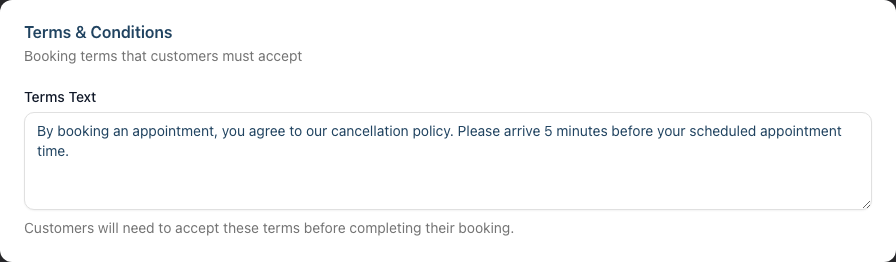 The Terms & Conditions card with the Terms Text field and a note that customers must accept these terms before booking