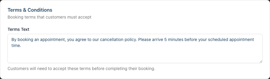 The Terms & Conditions card with the Terms Text field and a note that customers must accept these terms before booking