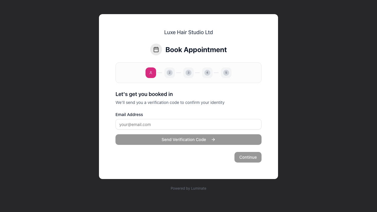 The public booking portal landing on the Identity step, showing the five-step progress bar across the top and the