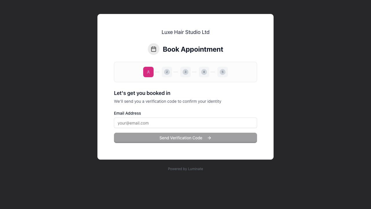 The public booking portal landing on the Identity step, showing the numbered five-step progress bar across the top and the