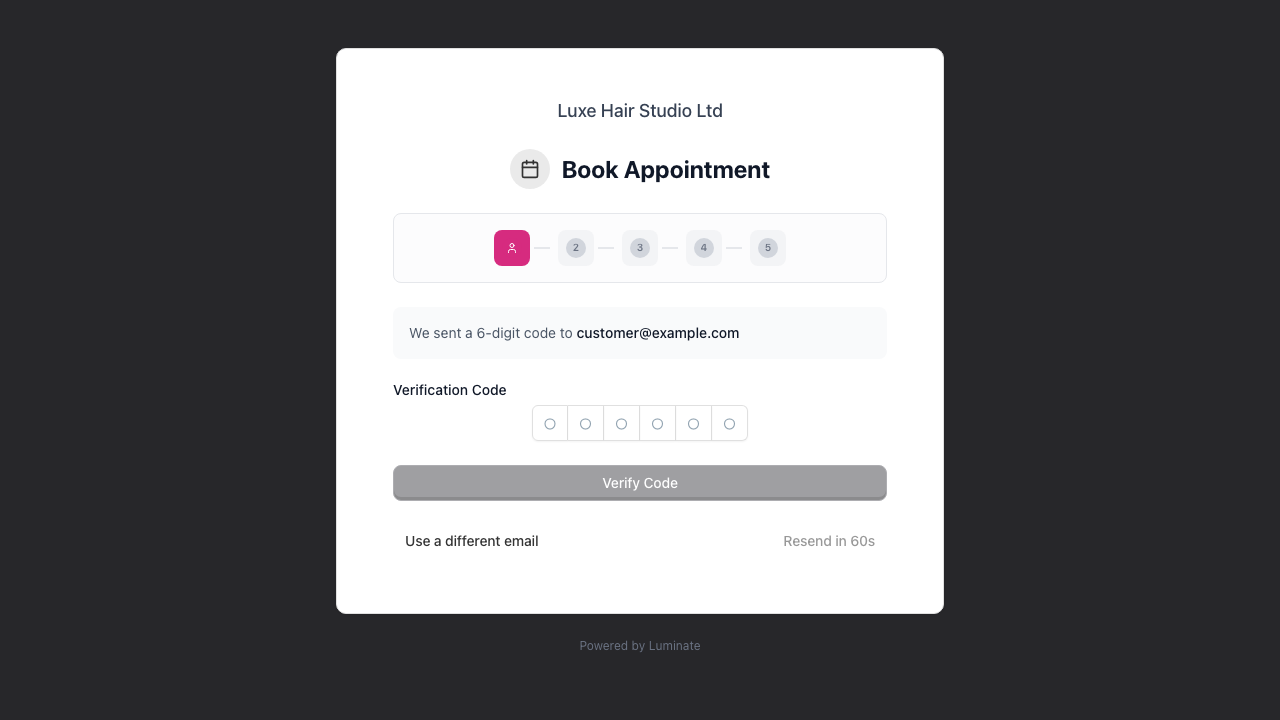 The code entry panel confirming a 6-digit code was sent, with the six-slot input, the