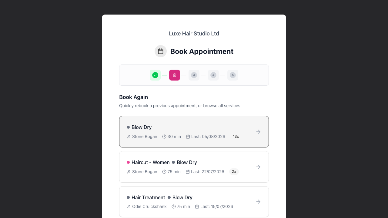 The Book Again screen listing previous appointment combinations, each card showing its services, stylist, duration, last visit date and repeat count, with the