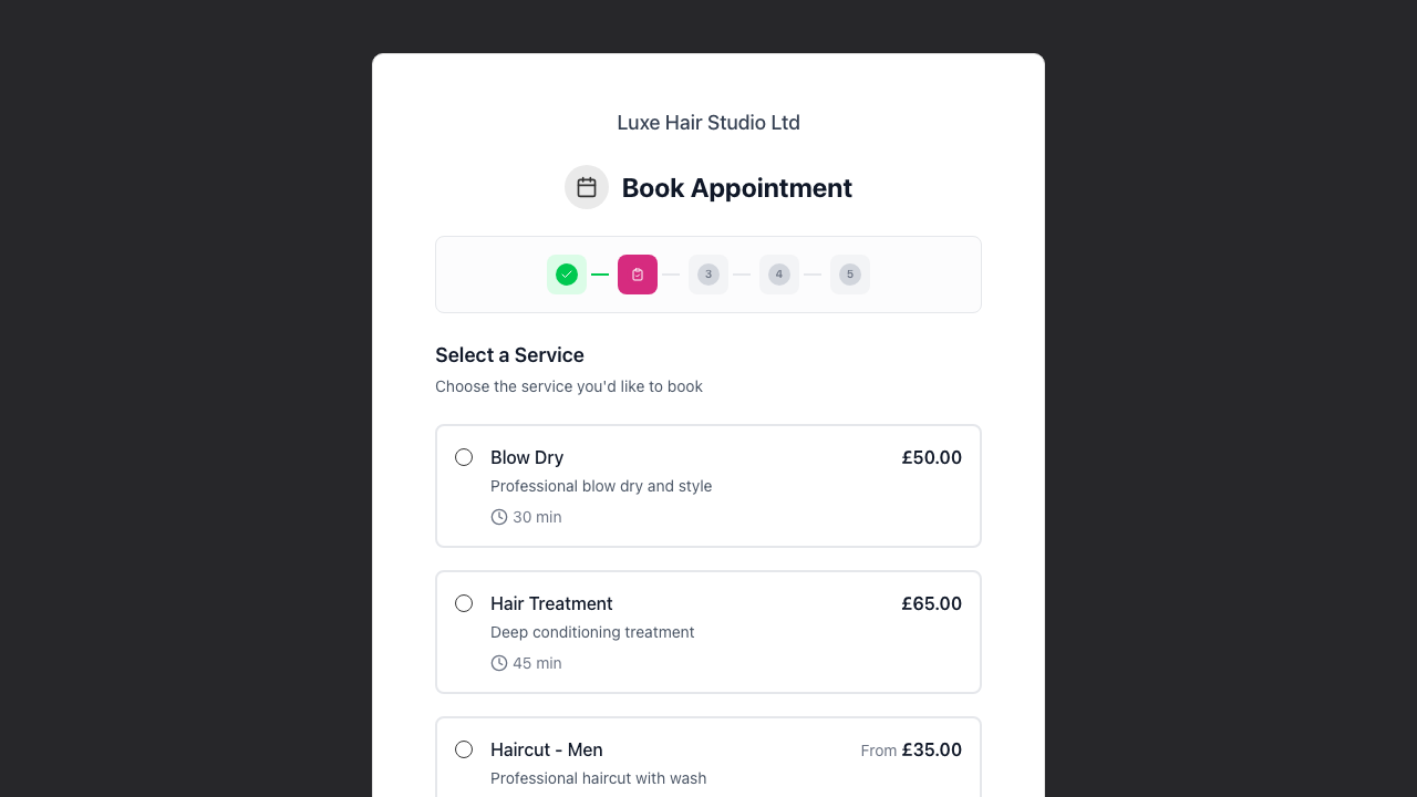 The Select a Service list showing each bookable service with its price, description, duration and, where one applies, an amber deposit badge