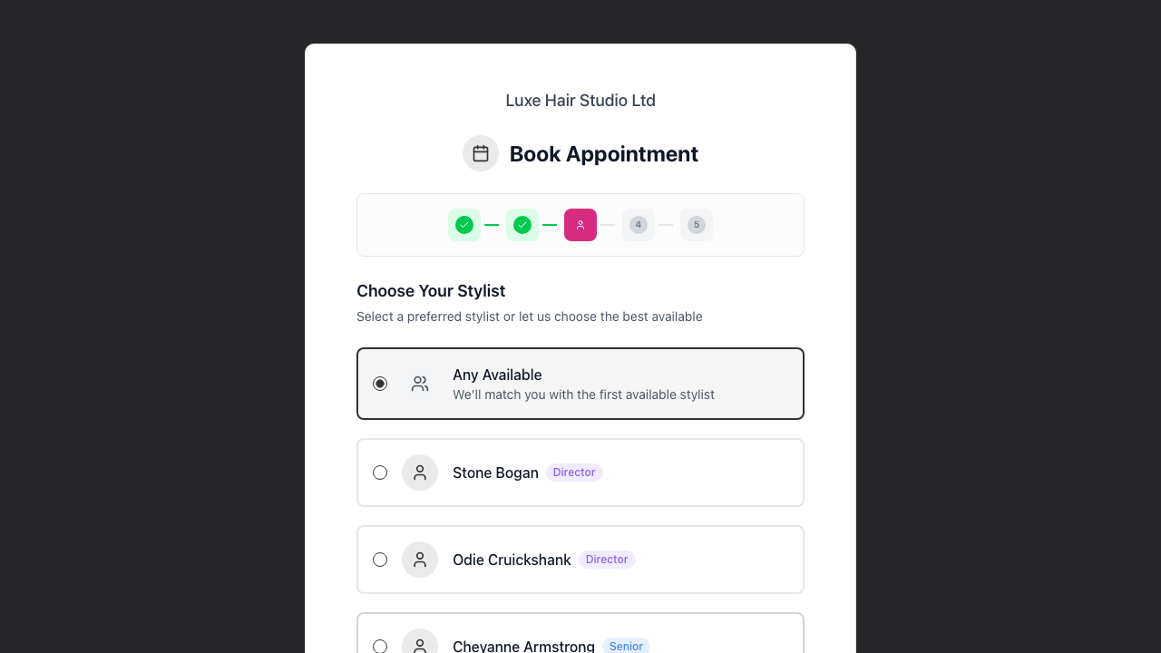 The Choose Your Stylist step with Any Available selected at the top of the list and each stylist shown with their level badge