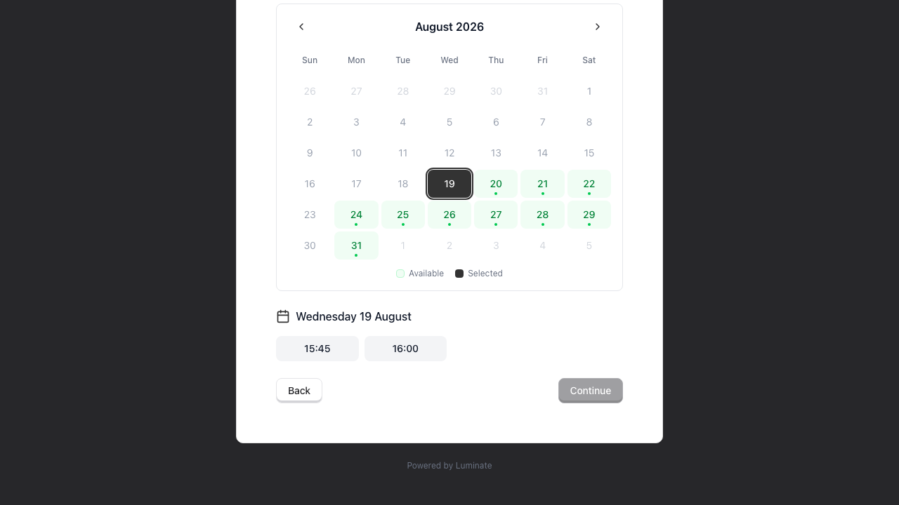 The calendar legend and, below it, the chosen date written out with the available start times shown as buttons