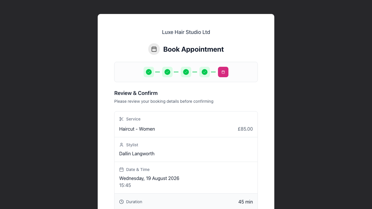 The Review & Confirm step showing the booking summary with service, stylist, date and time, duration and total, and the