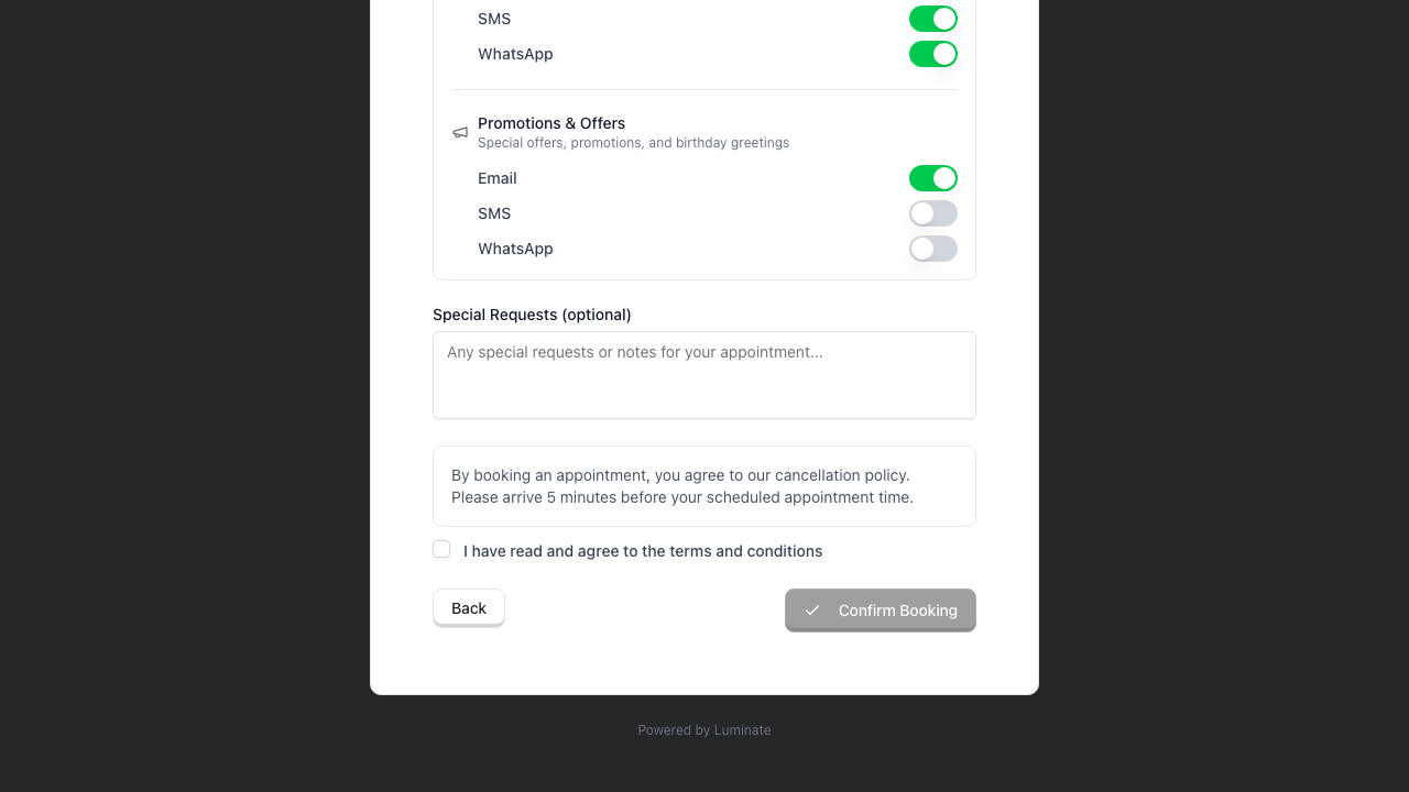 The foot of the review step showing the Special Requests field, the scrollable terms box with its agreement checkbox, and the Confirm Booking button