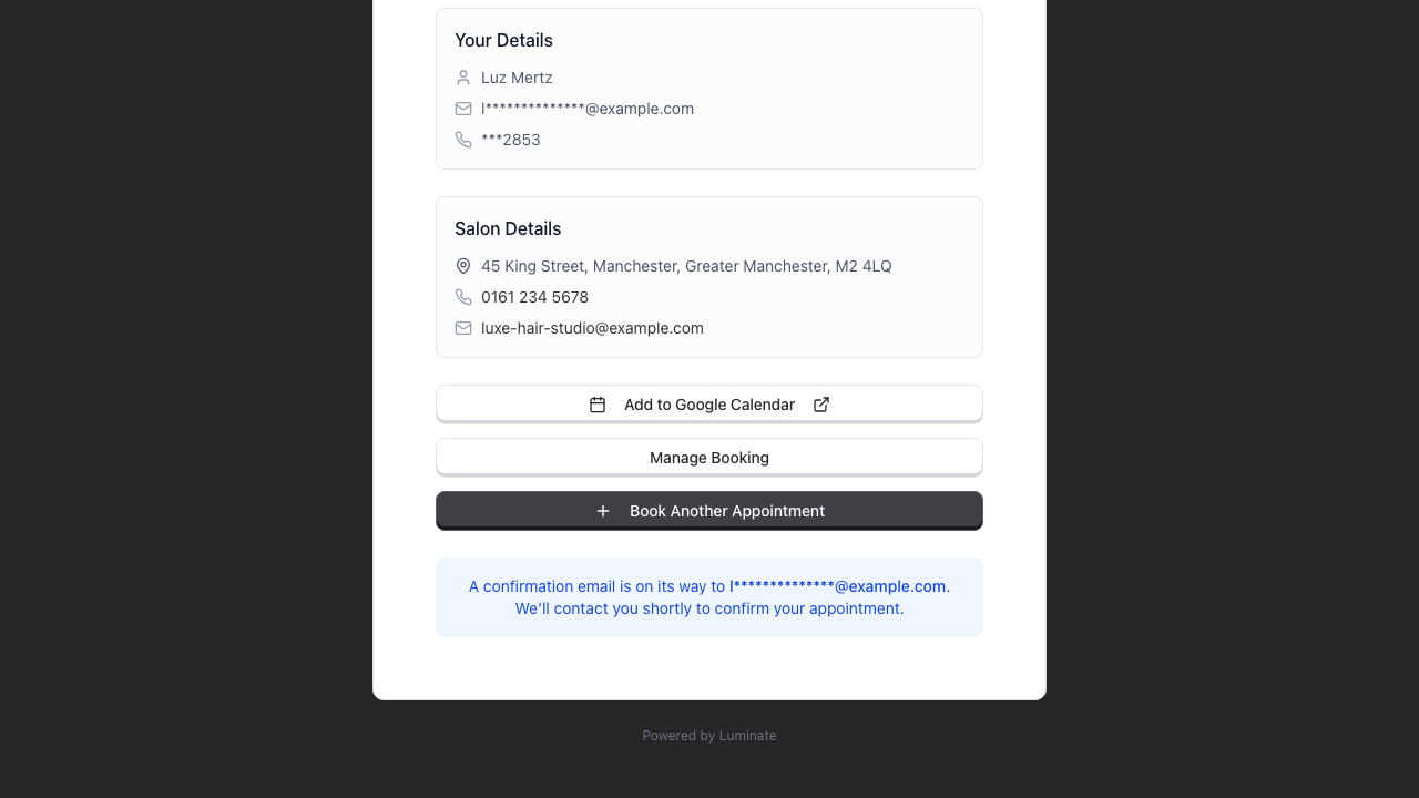 The foot of the booking confirmation page showing Your Details, Salon Details, and the Add to Google Calendar, Manage Booking and Book Another Appointment buttons