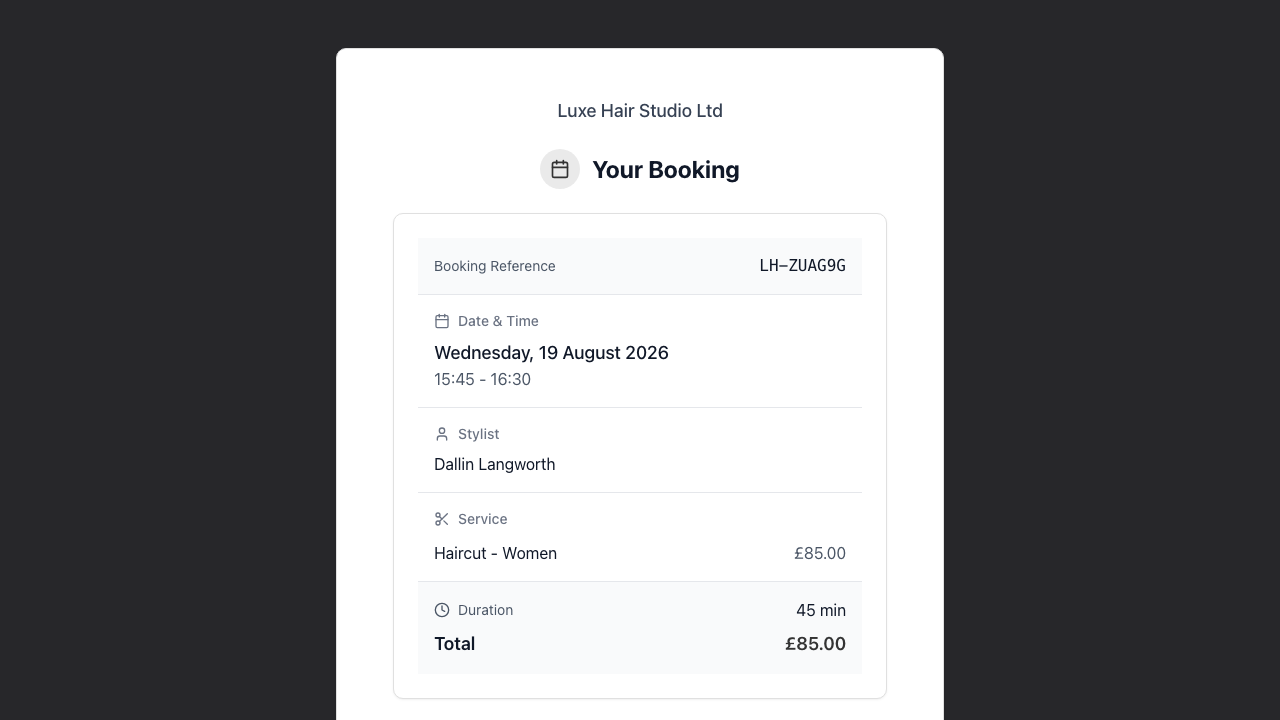 The booking management page showing the booking reference, date and time, stylist, service with its price, duration and total