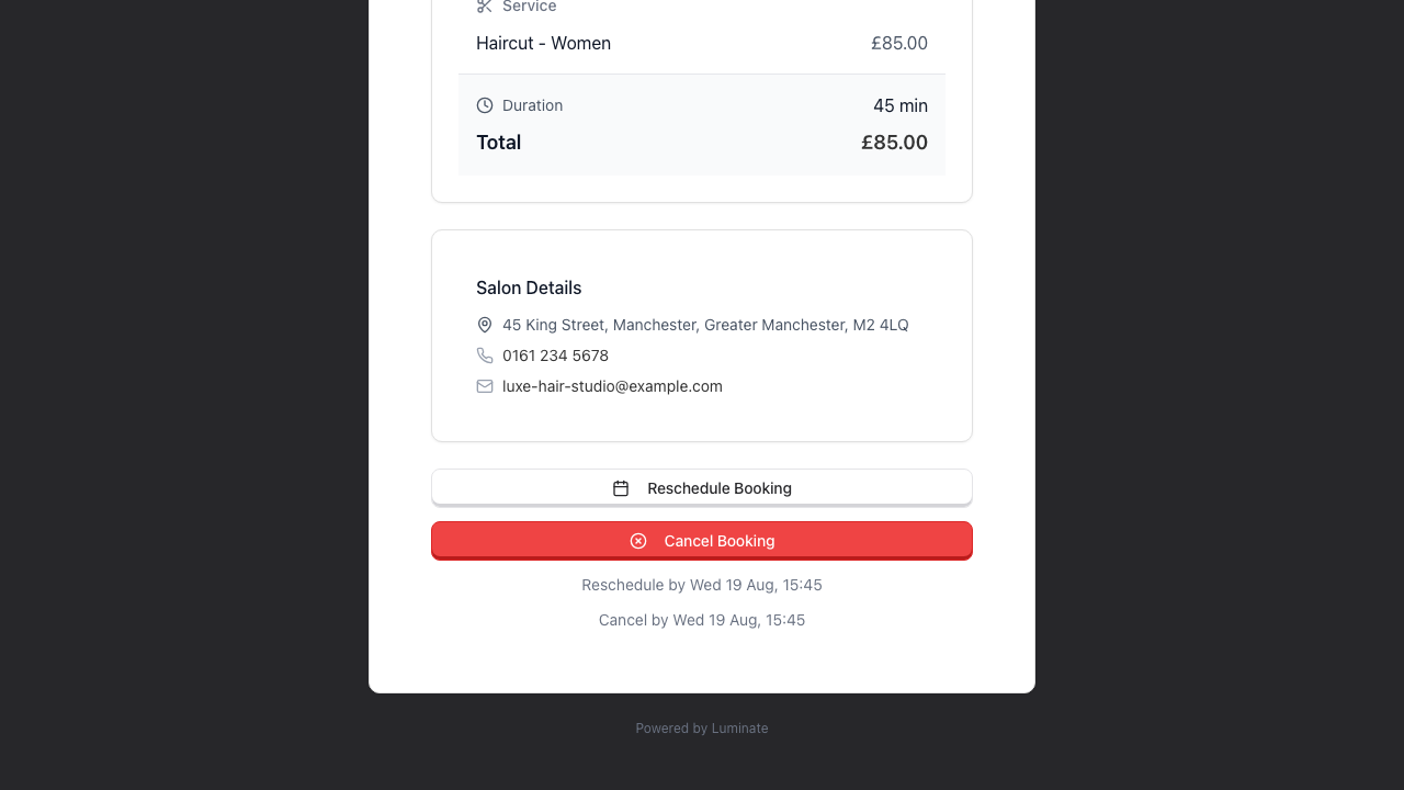 The Salon Details card with address, phone and email, followed by the Reschedule Booking and Cancel Booking buttons and the two deadline lines