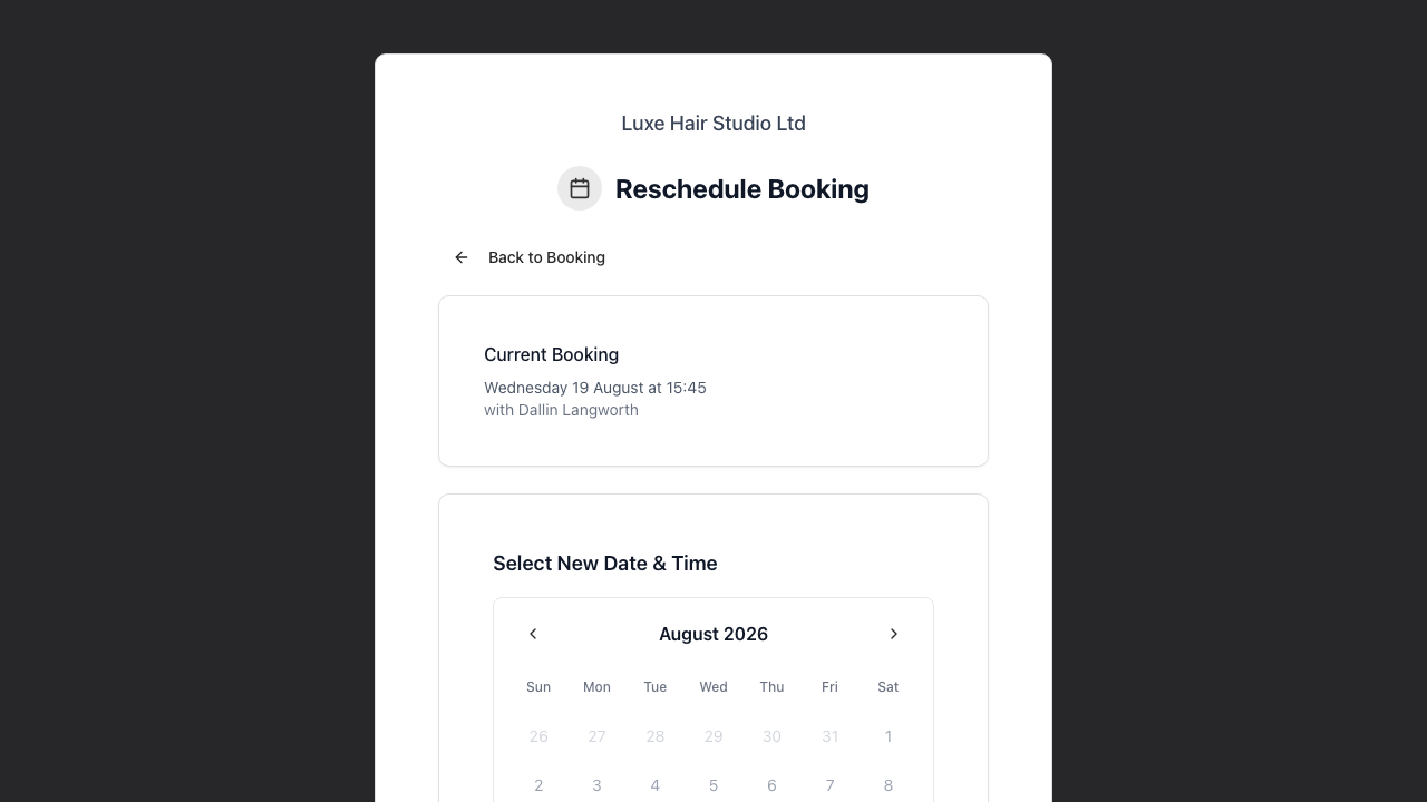 The reschedule page with the Back to Booking button, the Current Booking card and the start of the Select New Date and Time calendar