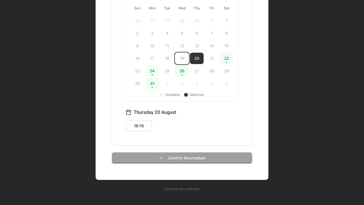 The reschedule calendar with available days shaded green and dotted, the selected day highlighted, the Available and Selected legend, and the time slots for the chosen day above the Confirm Reschedule button
