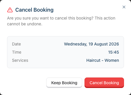 The Cancel Booking dialog warning that the action cannot be undone, listing the date, time and services, with Keep Booking and Cancel Booking buttons