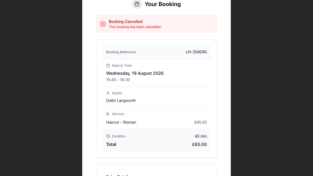 The booking management page after cancelling, with a red Booking Cancelled notice above the booking details