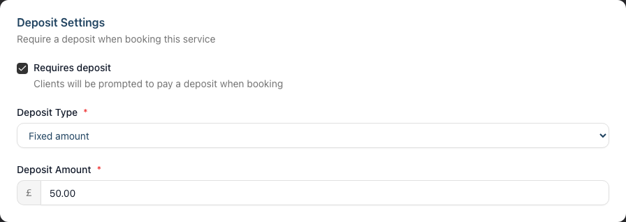 The Deposit Settings card on a service, showing the Requires deposit toggle, Deposit Type and Deposit Amount fields