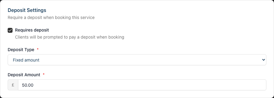 The Deposit Settings card on a service, showing the Requires deposit toggle, Deposit Type and Deposit Amount fields