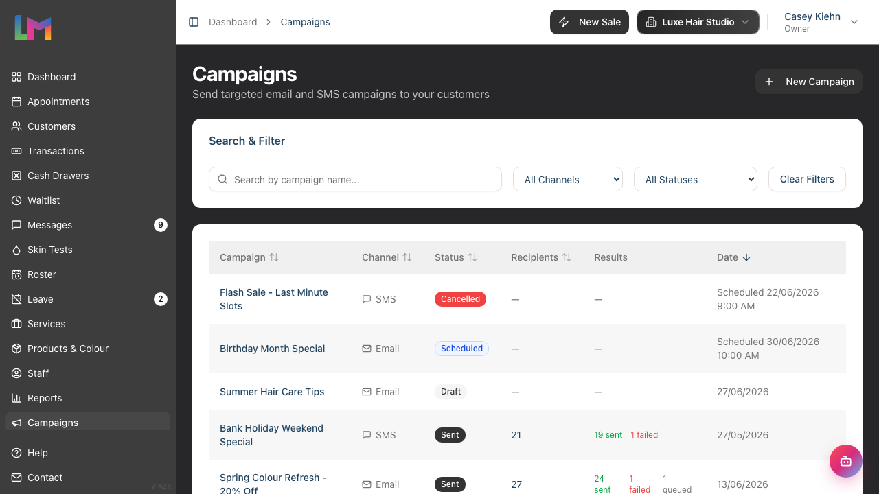 The Campaigns index page showing the New Campaign button, the search and filter controls, and a table of campaigns across draft, scheduled, sent and cancelled statuses