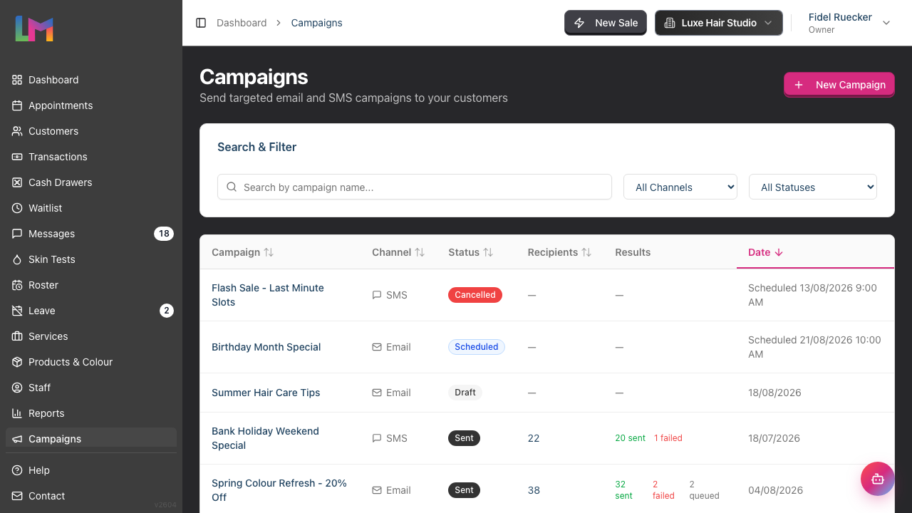 The Campaigns index page showing the New Campaign button, the search and filter controls, and a table of campaigns across draft, scheduled and sent statuses