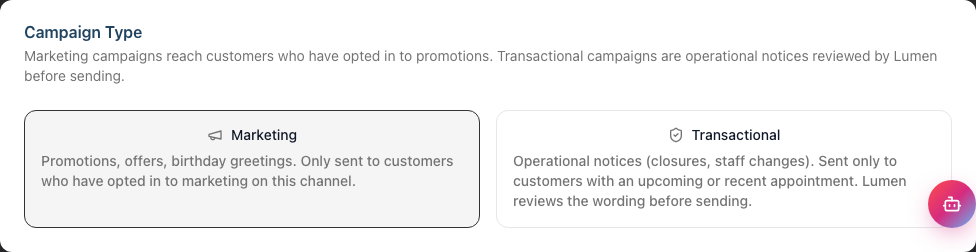 The Campaign Type card offering a Marketing option and a Transactional option as selectable cards